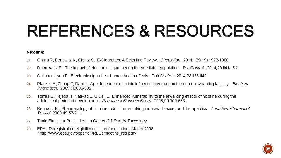 Nicotine: 21. Grana R, Benowitz N, Glantz S. E-Cigarettes: A Scientific Review. Circulation. 2014;