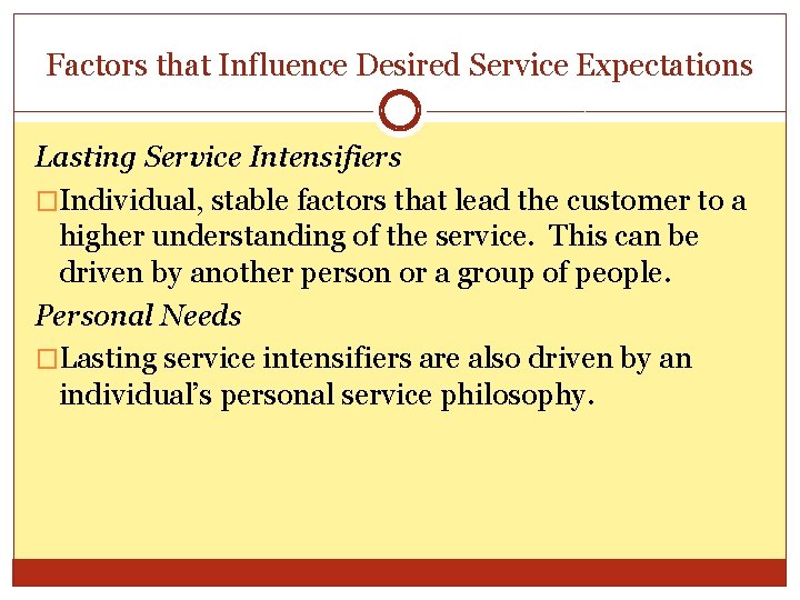 Factors that Influence Desired Service Expectations Lasting Service Intensifiers �Individual, stable factors that lead