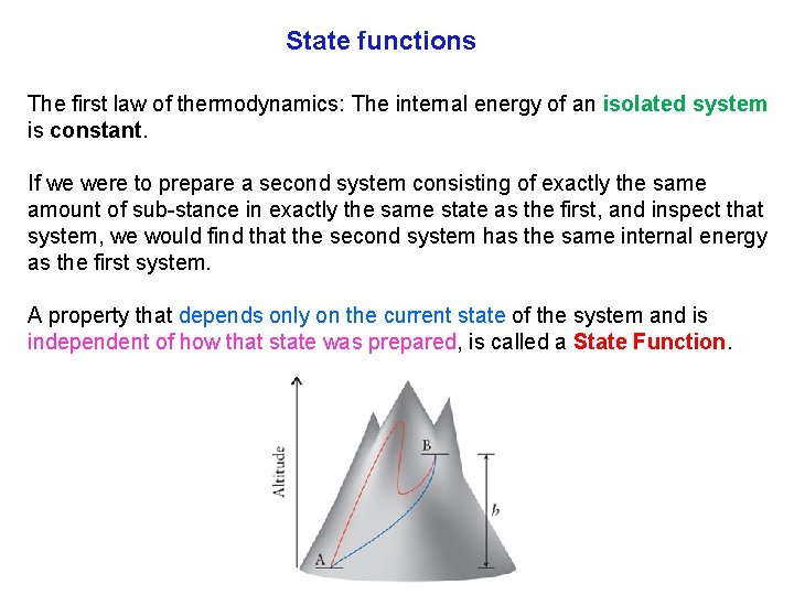 State functions The first law of thermodynamics: The internal energy of an isolated system