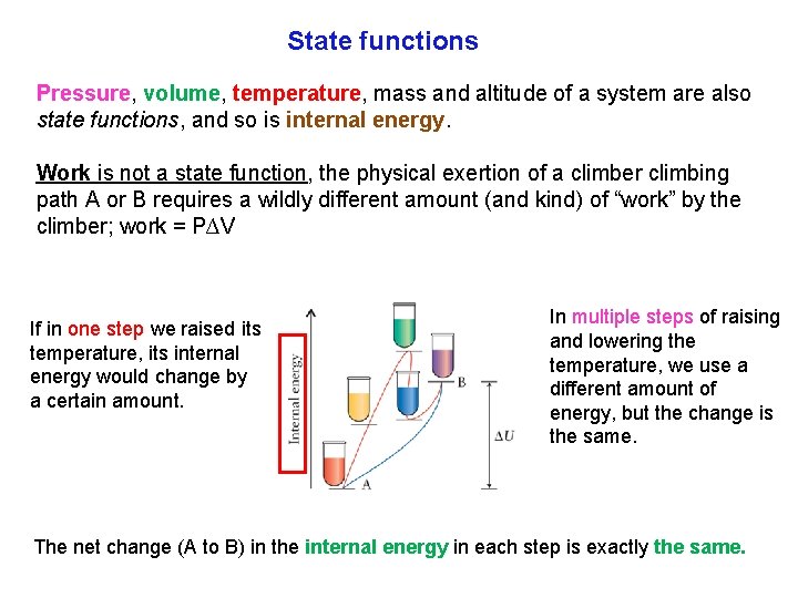 State functions Pressure, volume, temperature, mass and altitude of a system are also state