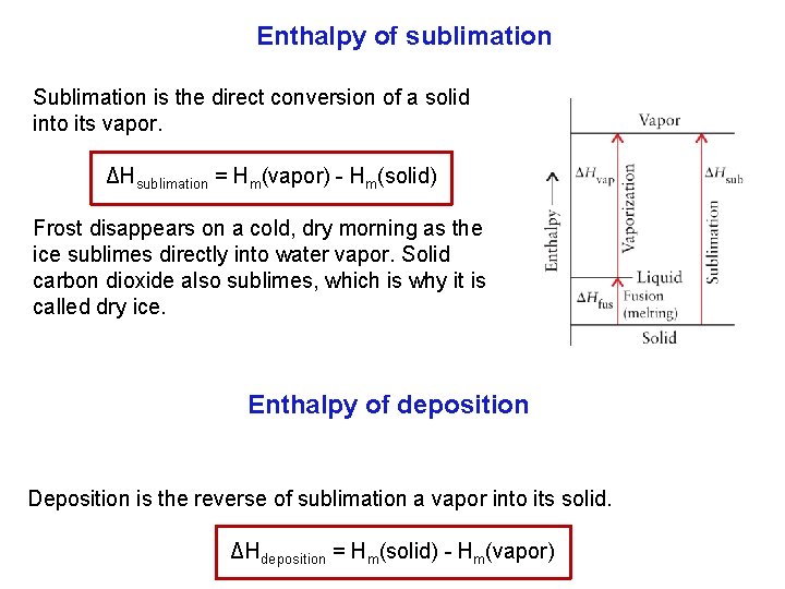 Enthalpy of sublimation Sublimation is the direct conversion of a solid into its vapor.