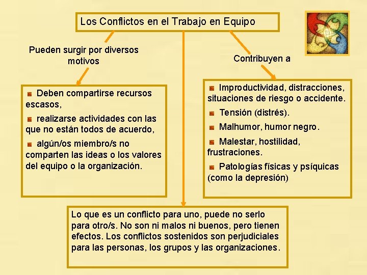 Los Conflictos en el Trabajo en Equipo Pueden surgir por diversos motivos Deben compartirse