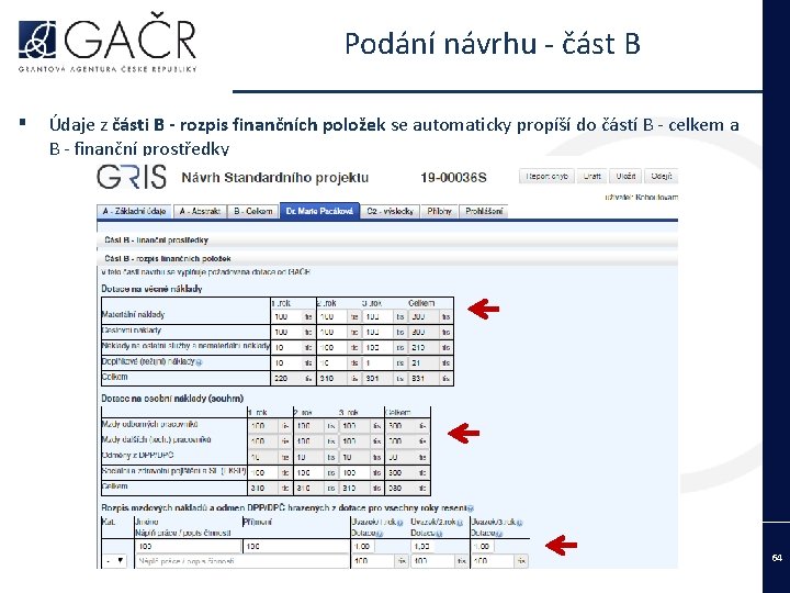 Podání návrhu - část B ▪ Údaje z části B - rozpis finančních položek