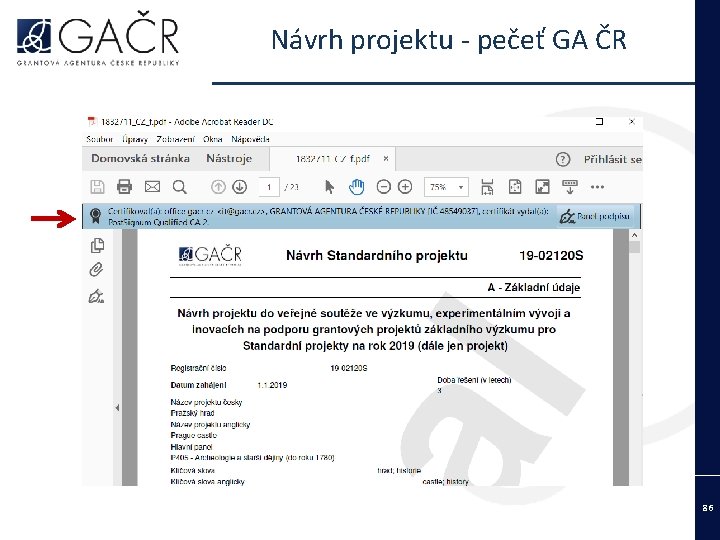 Návrh projektu - pečeť GA ČR 86 