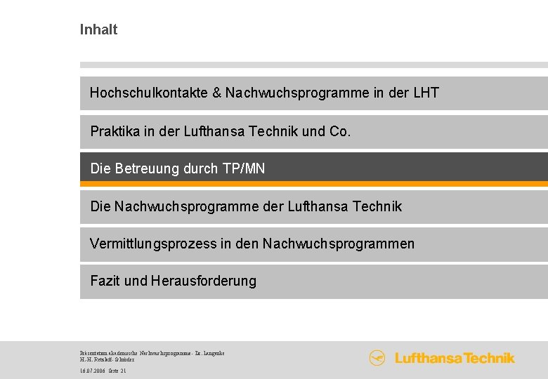 Inhalt Hochschulkontakte & Nachwuchsprogramme in der LHT Praktika in der Lufthansa Technik und Co.
