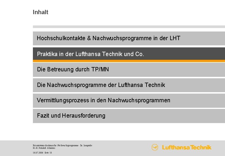 Inhalt Hochschulkontakte & Nachwuchsprogramme in der LHT Praktika in der Lufthansa Technik und Co.