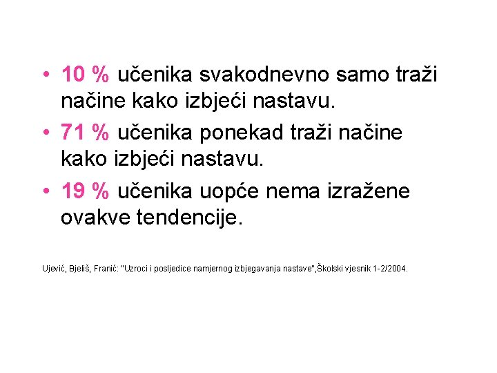  • 10 % učenika svakodnevno samo traži načine kako izbjeći nastavu. • 71