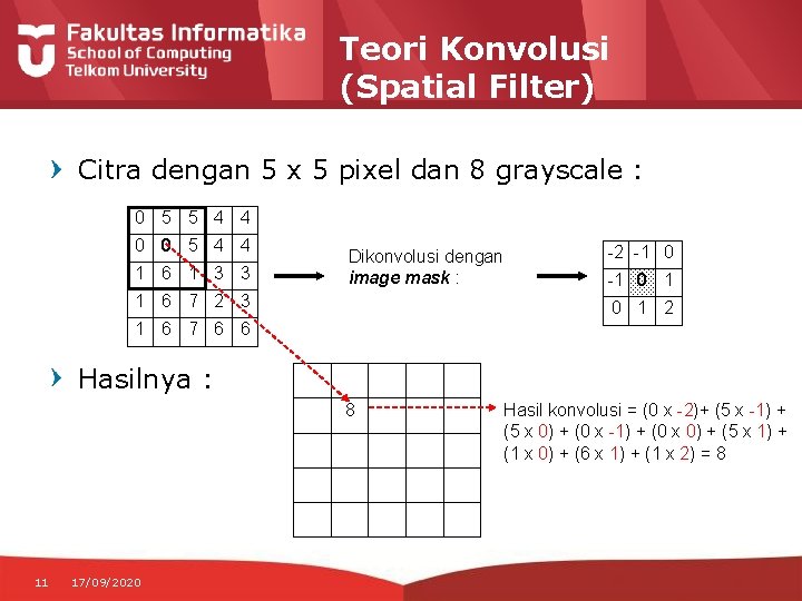 Teori Konvolusi (Spatial Filter) Citra dengan 5 x 5 pixel dan 8 grayscale :