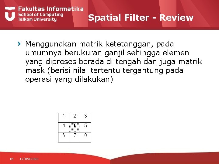 Spatial Filter - Review Menggunakan matrik ketetanggan, pada umumnya berukuran ganjil sehingga elemen yang