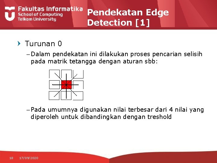 Pendekatan Edge Detection [1] Turunan 0 – Dalam pendekatan ini dilakukan proses pencarian selisih