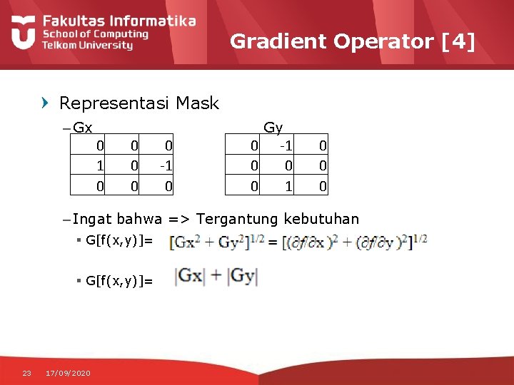 Gradient Operator [4] Representasi Mask – Gx 0 1 0 0 Gy 0 -1