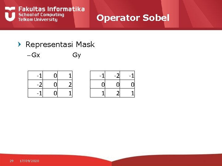 Operator Sobel Representasi Mask – Gx -1 -2 -1 29 17/09/2020 Gy 0 0