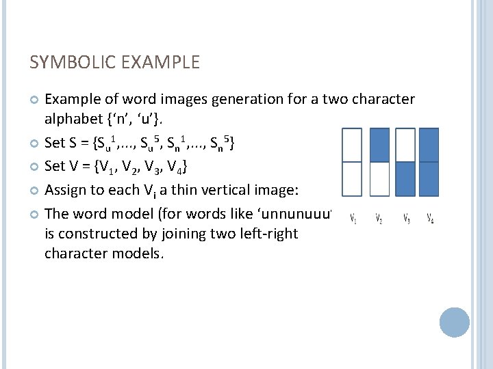 SYMBOLIC EXAMPLE Example of word images generation for a two character alphabet {‘n’, ‘u’}.