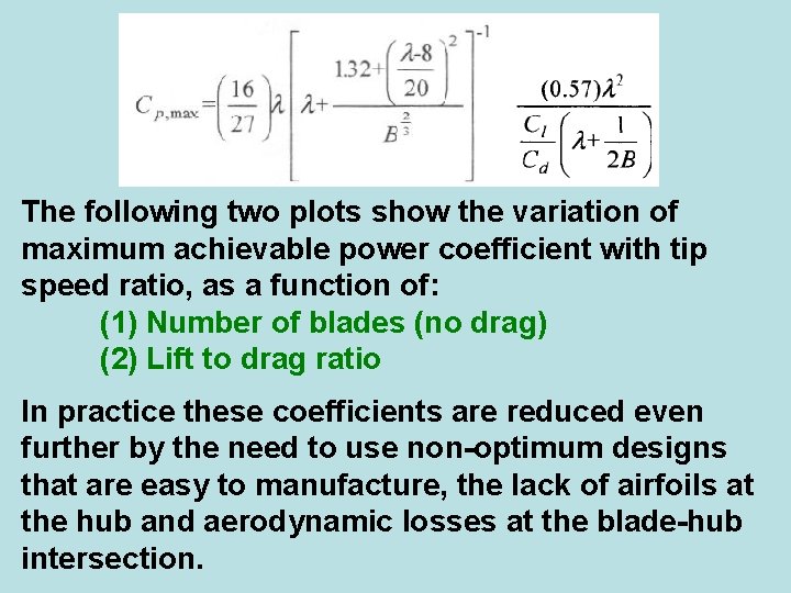 The following two plots show the variation of maximum achievable power coefficient with tip