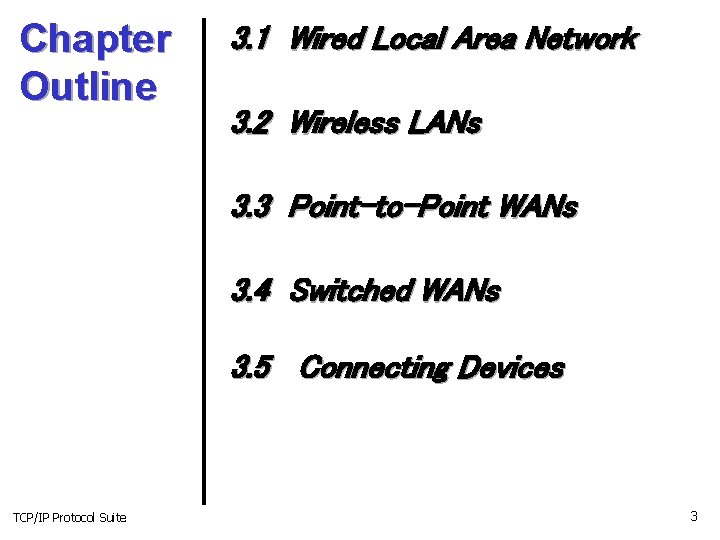 Chapter Outline 3. 1 Wired Local Area Network 3. 2 Wireless LANs 3. 3