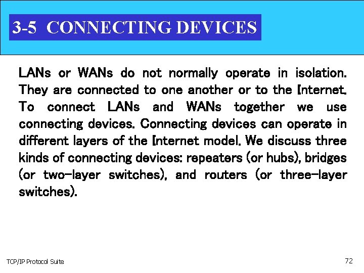 3 -5 CONNECTING DEVICES LANs or WANs do not normally operate in isolation. They