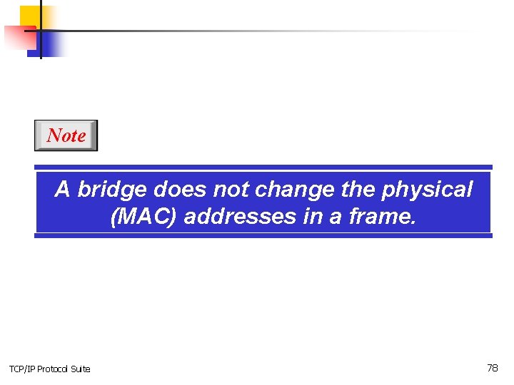 Note A bridge does not change the physical (MAC) addresses in a frame. TCP/IP