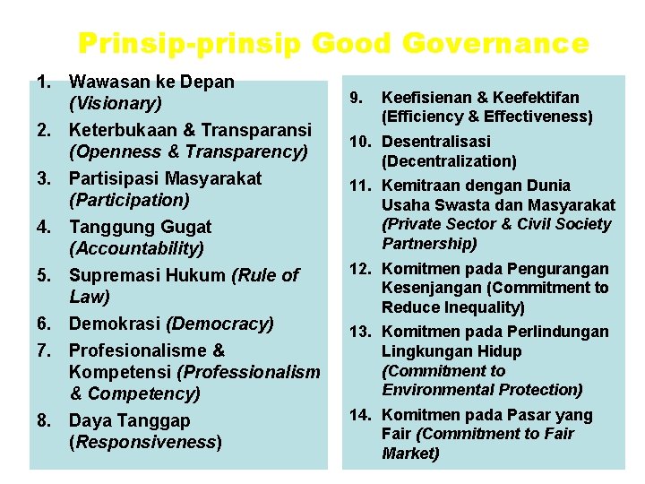 Prinsip-prinsip Good Governance 1. Wawasan ke Depan (Visionary) 2. Keterbukaan & Transparansi (Openness &