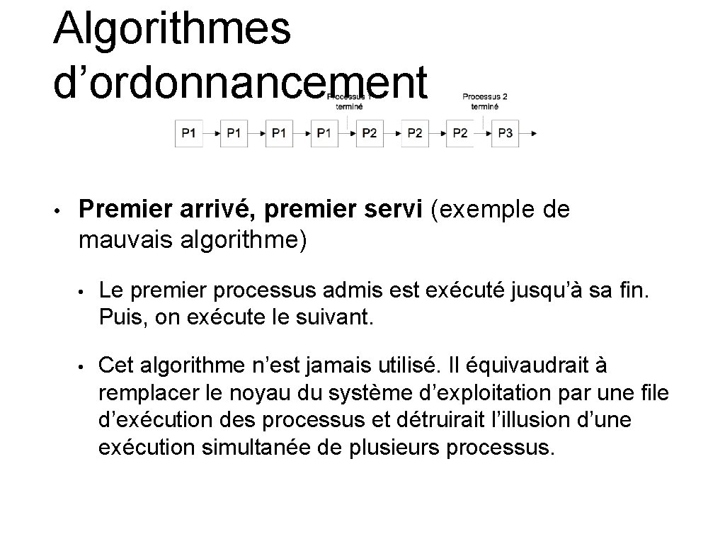 Algorithmes d’ordonnancement • Premier arrivé, premier servi (exemple de mauvais algorithme) • Le premier Algorithmes d’ordonnancement • Premier arrivé, premier servi (exemple de mauvais algorithme) • Le premier