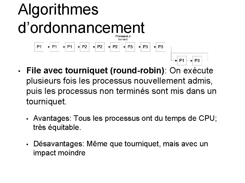 Algorithmes d’ordonnancement • File avec tourniquet (round-robin): On exécute plusieurs fois les processus nouvellement Algorithmes d’ordonnancement • File avec tourniquet (round-robin): On exécute plusieurs fois les processus nouvellement