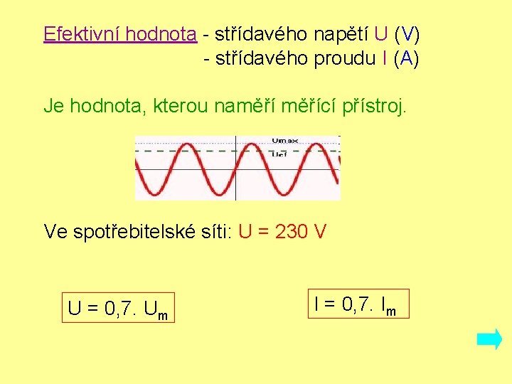 Efektivní hodnota - střídavého napětí U (V) - střídavého proudu I (A) Je hodnota,