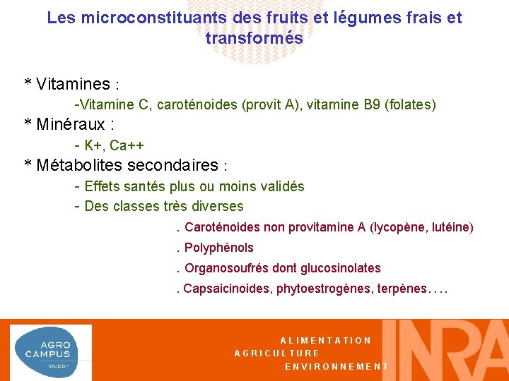 Les microconstituants des fruits et légumes frais et transformés * Vitamines : -Vitamine C,