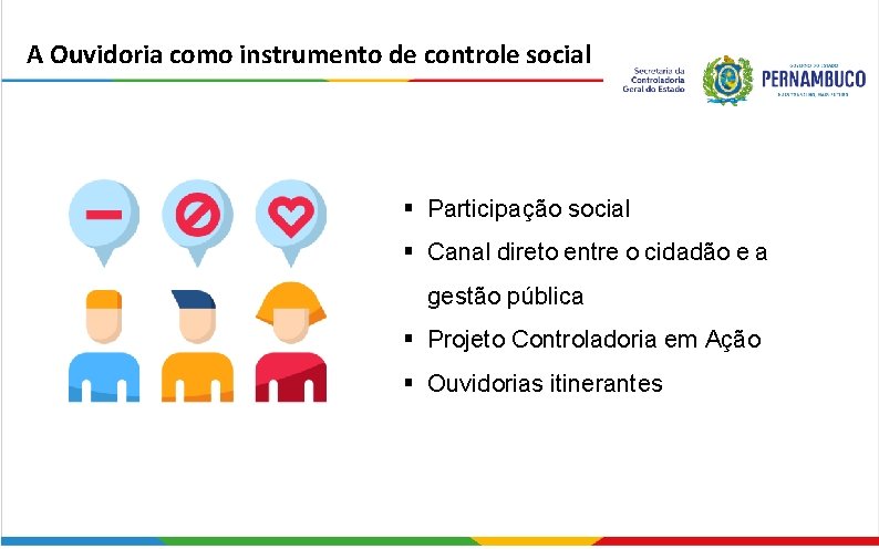 A Ouvidoria como instrumento de controle social § Participação social § Canal direto entre