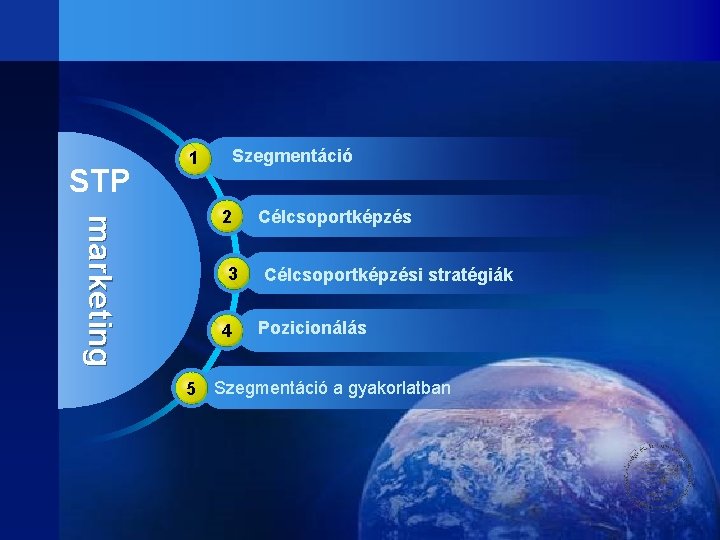 STP Szegmentáció 1 marketing 2 3 4 5 Célcsoportképzési stratégiák Pozicionálás Szegmentáció a gyakorlatban