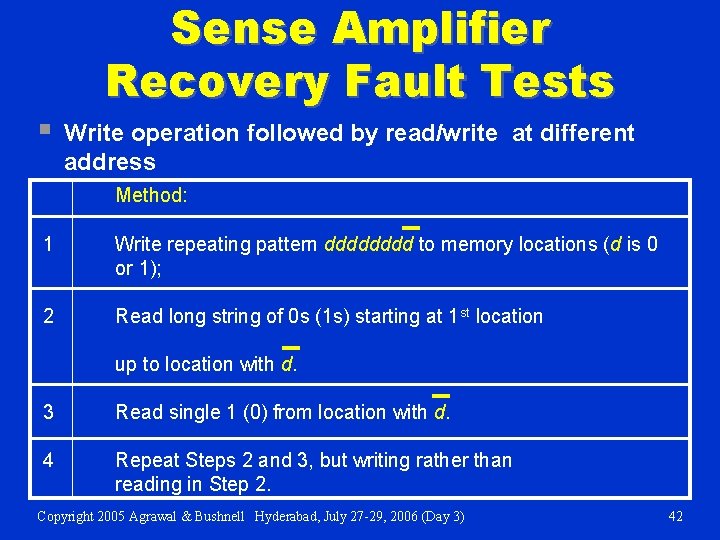 § Sense Amplifier Recovery Fault Tests Write operation followed by read/write at different address