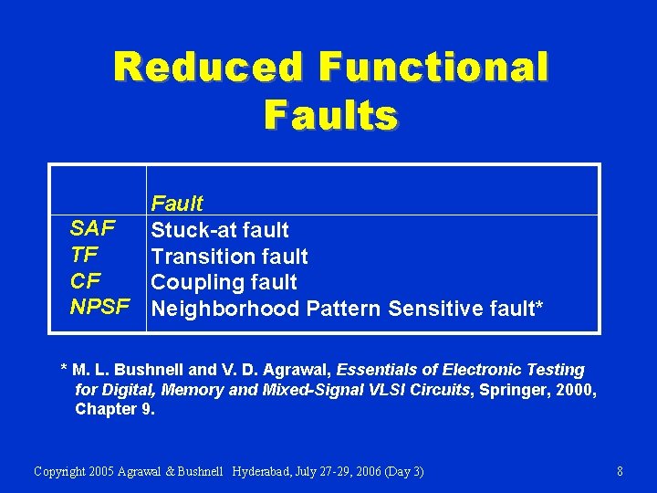 Reduced Functional Faults SAF TF CF NPSF Fault Stuck-at fault Transition fault Coupling fault