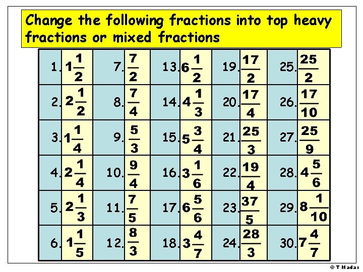 Change the following fractions into top heavy fractions or mixed fractions 1. 7. 13.