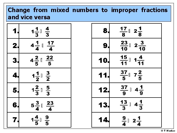 Change from mixed numbers to improper fractions and vice versa 1. 8. 2. 9.