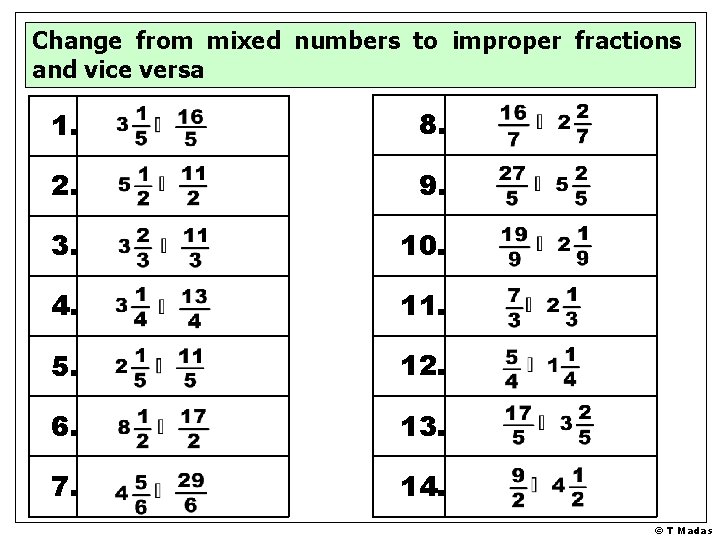 Change from mixed numbers to improper fractions and vice versa 1. 8. 2. 9.