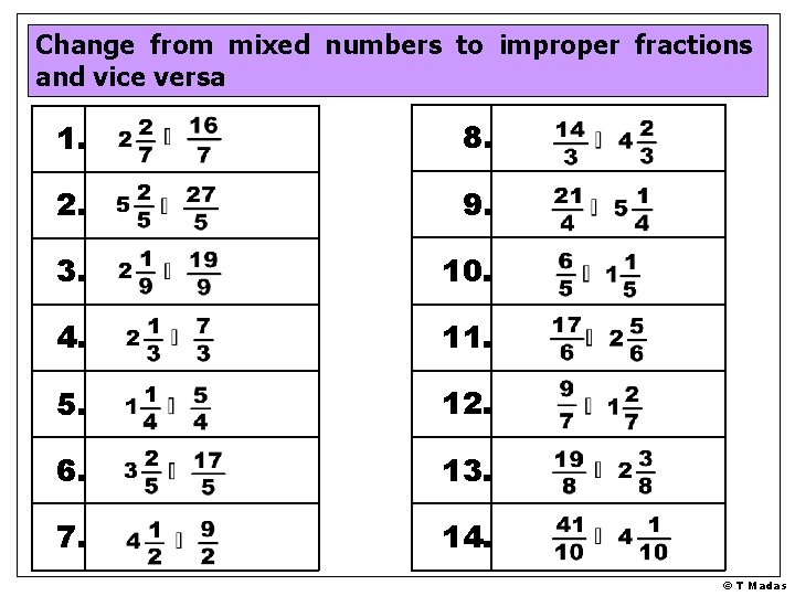 Change from mixed numbers to improper fractions and vice versa 1. 8. 2. 9.