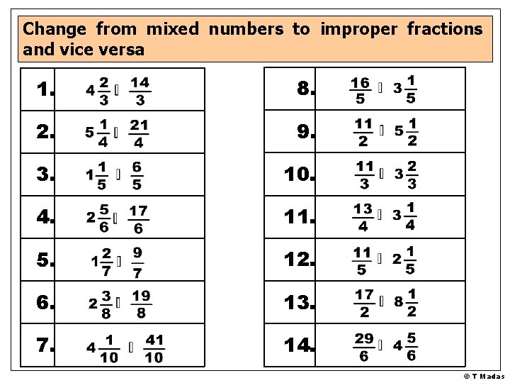 Change from mixed numbers to improper fractions and vice versa 1. 8. 2. 9.