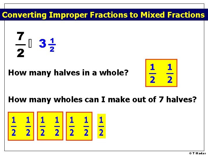 Converting Improper Fractions to Mixed Fractions How many halves in a whole? How many