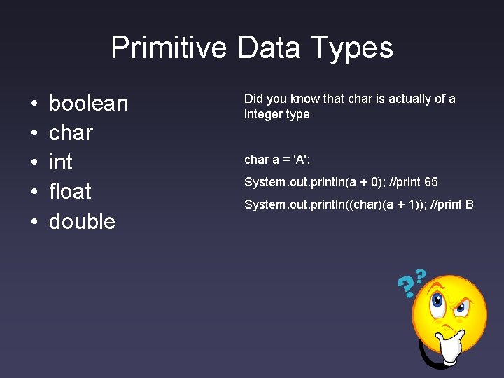 Primitive Data Types • • • boolean char int float double Did you know