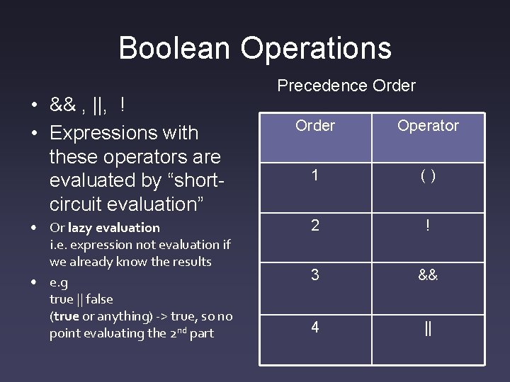 Boolean Operations • && , ||, ! • Expressions with these operators are evaluated