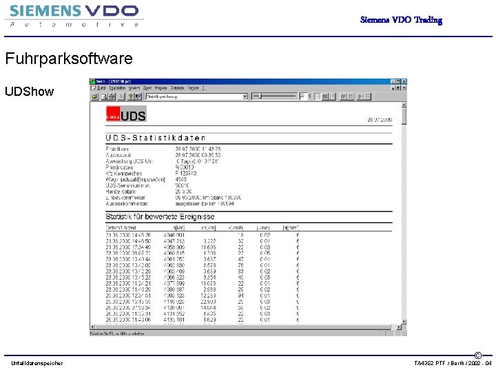 Siemens VDO Trading Fuhrparksoftware UDShow Unfalldatenspeicher © TA 43 S 2 PTF / Barth