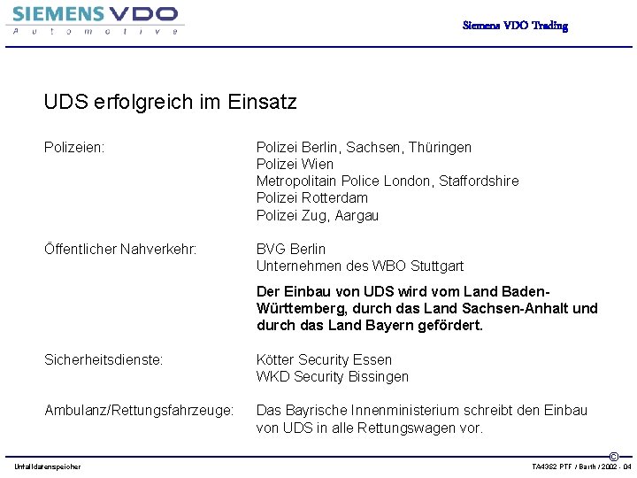 Siemens VDO Trading UDS erfolgreich im Einsatz Polizeien: Polizei Berlin, Sachsen, Thüringen Polizei Wien