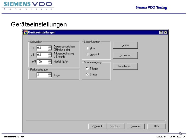 Siemens VDO Trading Geräteeinstellungen Unfalldatenspeicher © TA 43 S 2 PTF / Barth /