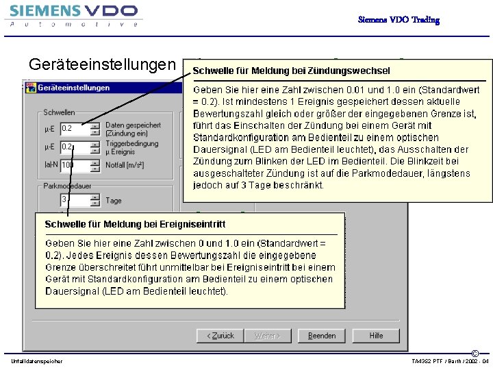 Siemens VDO Trading Geräteeinstellungen Unfalldatenspeicher © TA 43 S 2 PTF / Barth /