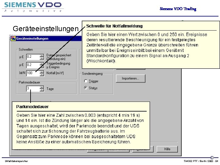 Siemens VDO Trading Geräteeinstellungen Unfalldatenspeicher © TA 43 S 2 PTF / Barth /