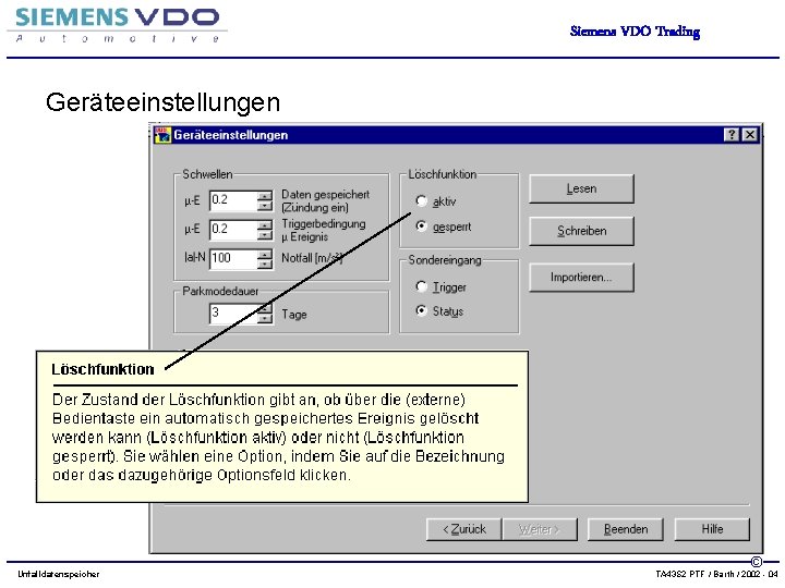 Siemens VDO Trading Geräteeinstellungen Unfalldatenspeicher © TA 43 S 2 PTF / Barth /