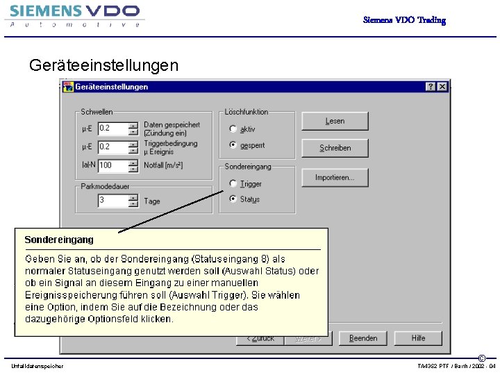 Siemens VDO Trading Geräteeinstellungen Unfalldatenspeicher © TA 43 S 2 PTF / Barth /