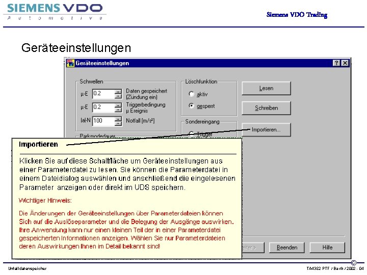 Siemens VDO Trading Geräteeinstellungen Unfalldatenspeicher © TA 43 S 2 PTF / Barth /