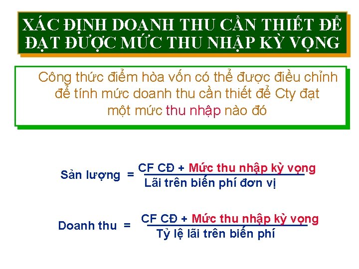 XÁC ĐỊNH DOANH THU CẦN THIẾT ĐỂ ĐẠT ĐƯỢC MỨC THU NHẬP KỲ VỌNG