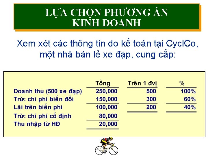 LỰA CHỌN PHƯƠNG ÁN KINH DOANH Xem xét các thông tin do kế toán