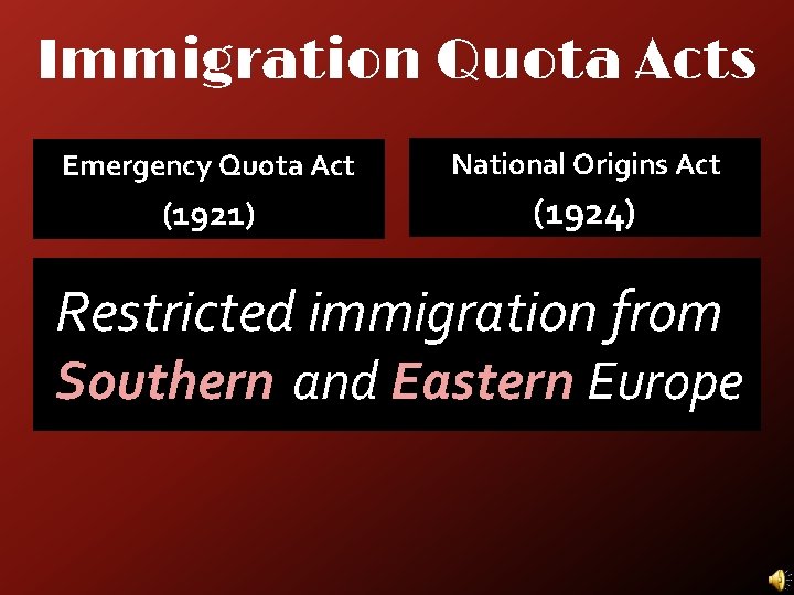 Immigration Quota Acts Emergency Quota Act National Origins Act (1921) (1924) Restricted immigration from