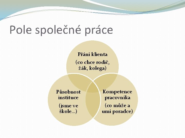 Pole společné práce Přání klienta (co chce rodič, žák, kolega) Působnost instituce (jsme ve